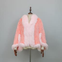 New Extra Long Real Genuine Natural Knitted Rabbit Fur Shawl Coat with Fox Fur Collar Women's Fashion Knit Jacket Cape