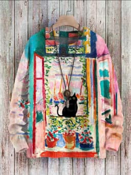 Cute Black Cat Flower Birds Art Pattern Print Casual Knit Pullover Sweater Classic Sweater Men's For Women's Pullover