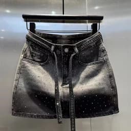 Oversize Retro Diamond Denim Mini Skirt for Women Summer High Waist Shiny Rivet Slim Skirts Gradient Black Grey Jean Skirts