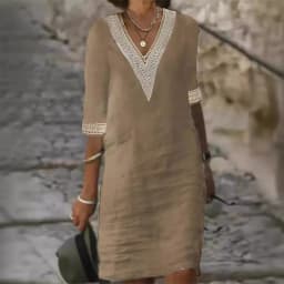 Retro Solid Color Hollow Out V-neck Half Sleeve Women Dress Vintage Streetear Clothing Cotton Linen Loose Dress Spring Summer