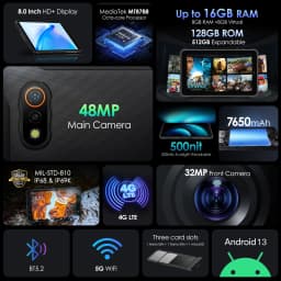 Ulefone Armor Pad Pro Rugged Tablet IP68/IP69K 4G MT8788 Tablet 16GB RAM(8+8GB RAM) 128GB ROM 48MP Android 7650mAh