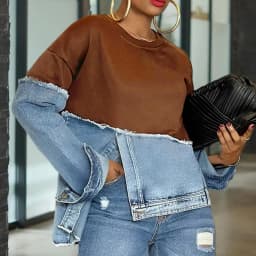 Mock Two-Piece Denim Insert Sweatshirt Raw-Edge Crewneck Long Sleeve Top Retro Fusion Pullover Women Chic Spring Fall Streetwear
