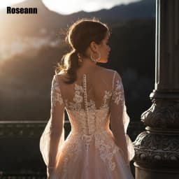 Customized Light Champagne Wedding Dress Puffy Full Sleeves Glitter Applique Tulle Lace Open Back Bride Dresses robe de mariée
