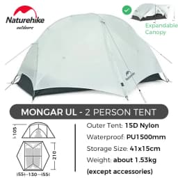 Naturehike Mongar 2 UL/PRO 1-2 Person Backpacking Tent Nylon Waterproof Ultralight Travel Trekking Shelter Tent with Footprint
