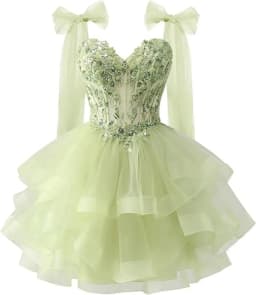 Bow Shoulder Strap Layered Chiffon Dress Starry Lace Three-dimensional Decal Youth Short Dance Sequin Dress Customized