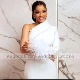 Customized Civil Wedding Dress One Shoulder Feather Long Sleeve Court Wedding Gowns Midi Sheath Pearl Applique Bridal Gown Short