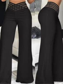 Women Wide Leg Flared Pants 2024 Spring Casual Crisscross Sheer Mesh Patch High Waist Trousers Y2k Streetwear Elegant Work Pant