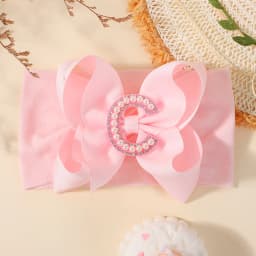 26 Letters Pink Big Bows Pearl Headbands for Baby Girls 5.98'' Wide Nylon Knotted Soft Elastic Hair Bands Wraps Headwear 1PCS