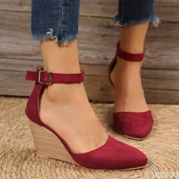 Fashionable pointed toe wedge thick soled buckle women's sandals with straight buckle solid color suede toe cap women's shoes