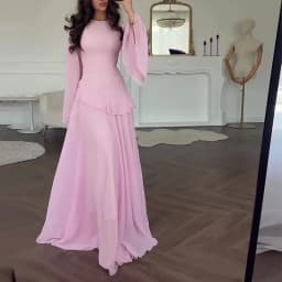 Women Solid Ruffle Chiffon Long Dress Elegant O-Neck Flare Sleeve Slim Maxi Dress 2026 New Lady Wedding Guest Evening Party Robe