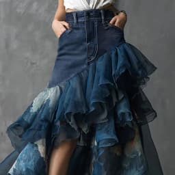Women's Denim Tie-dye Ruffle Maxi Skirt High Waisted Asymmetrical Sheer Tulle Layered Skirt For Female Fashion Outfits Skirts