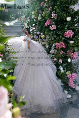 Moonlight Glitter Tulle Wedding Dresses Off Shoulder Shiny Pleated Prom Bridal Gown Sparkly Ball Pageant Customized Bride Gown