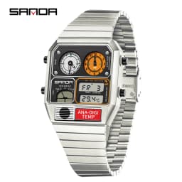 SANDA Electronic Watch Men Square Steel Band Digital Wristwatch Temperature Measurement Stopwatch Timing Multifunctional Watch