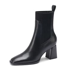 Women Ankle Boots Split Cow Leather Chunky High Heel Knitted Wool Slip on Quality Designer Spring Fall Sock Boots Big Size 42