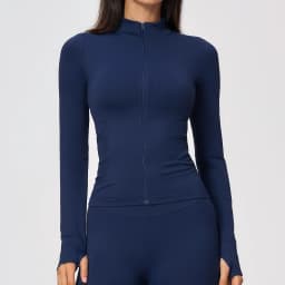 Women's Seamless Long Sleeve Yoga Top Ribbed High Neck Full Zip Slim Fit Sports Jacket Thumb Hole Workout Gym Running Activewear