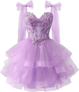Bow Shoulder Strap Layered Chiffon Dress Starry Lace Three-dimensional Decal Youth Short Dance Sequin Dress Customized