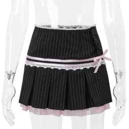 Goth Dark Harajuku Y2k Kwaii Lace Trim Mini Skirts Gothic Cutecore Bow Striped Pleated Skirt Low Waist Color Match Party Bottoms