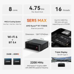 Beelink AMD Ryzen 7 7735HS SER5 MAX Mini PC SER5 MAX DDR4 24GGB 500GB SSD WiFi6 BT5.4 HD 1000M Mini Computer