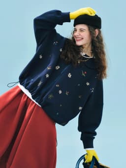 Women's Navy Blue Floral - Embroidered Collared Sweatshirt Outdoor Outings Sweet and Eye - Catching 255223