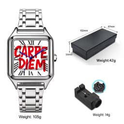Ladies' Men Square Luxury Watch, Slogan Text on the Large Dial, 30-Meter Water Resistance, Elegant Design, Stainless Steel Strap