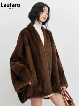 Lautaro Winter Luxury Elegant Thick Warm Soft Brown Bat Sleeved Faux Mink Fur Coat Women with V Neck Stylish Chic Fluffy Jacket