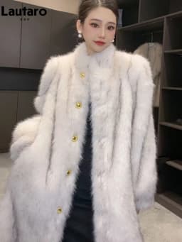 Lautaro Autumn Winter Long Thick Warm Hairy Soft Faux Fox Fur Coat Women Stand Collar Elegant Luxury Chic Fluffy Jacket 2024