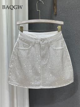 Personality Diamond Splice A-line Denim Skirt for Women's Streetwear High Waist Solid Color Slim Wrap Hip Skirts Female Summer