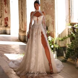 Elegant Customized Long Sleeves High Collar Wedding Dress Charming Appliques Lace Bridal Gowns Sexy Side Slit Vestido De Novia