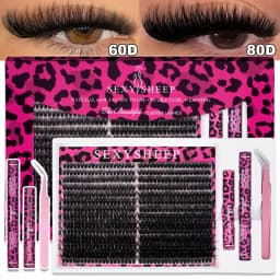 DIY Individual Eyelash Extension Kit Thick Volume Lash Clusters D Curl with Bond and Seal Tweezers Halloween Christmas Gift
