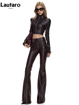 Lautaro Spring Autumn Long Fitted Soft Black Pu Leather Flare Pants for Women Low Waist Sexy Luxury Designer Gyaru Clothes 2026