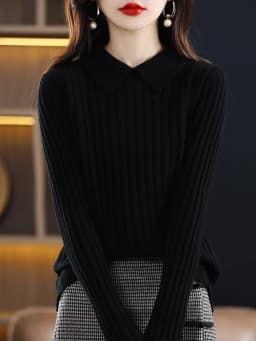 Autumn Winter New Woman 100% Wool Sweater Soft Polo Collar Vertical Stripe Pullover Casual Knitted Tops Cashmere Female Sweater