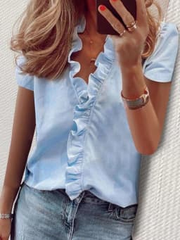 Casual Short Sleeve V Neck Ruffles Blouses Elegant Office Lady Shirts Summer Vintage Harajuku Loose Tops Female Boho Tunic