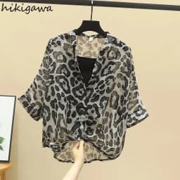 2025 Blusas Mujer De Moda Chiffon Shirts Sets Fashion Sexy Leopard V-neck Blouses Tunic Vest Suit Temperament Summer Loose Tops
