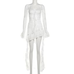Goth Dark Fairycore Lace Flare Sleeve Square Neck A-line Dress Sweet E-girl Irregular Long Hem Dresses Cyber Y2K Party Vestido