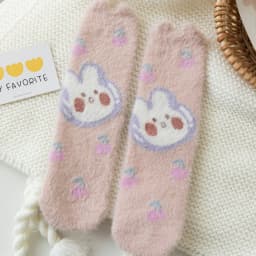 Sweet Pink Rabbits Bowknot Imitation Mink Socks Winter Plush Warm Home Sleeping Socks Ins Japanese Cartoon Cute Furry Tube Socks