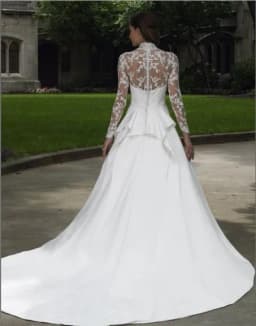 free shipping A-line V-neck illusion High back stand-up collar Cotton lace cathedral train peplum Buttons zipper Wedding Dress