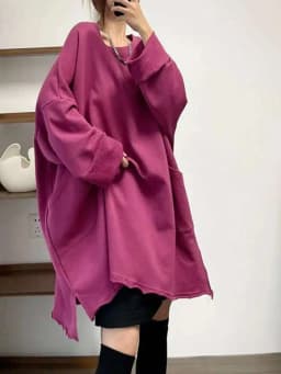 EAM Purple Big Pockets Casual Sweatshirt New Round Neck Long Sleeve Women Big Size Fashion Tide Autumn 2026 30A2867