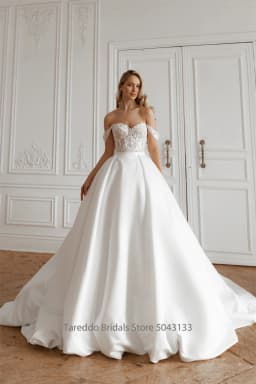 Customized Off Shoulder Two Pieces Wedding Dress Lace Applique Glitter Skirt Bridal Gown with Detachable Skirt 2 in1 Style