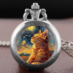 Sleep Cat Watch Black Quartz Pocket Watch Van Gogh's Art Vintage Accessory Women Necklace Pendant Clock Men Gifts for Cat Lover