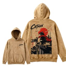 T497 Bai Men's Catman Red Moon Cat Graphic Hoodie, Japanese Streetwear Pullover Sweatshirt, Oversized Casual Urban Fashion