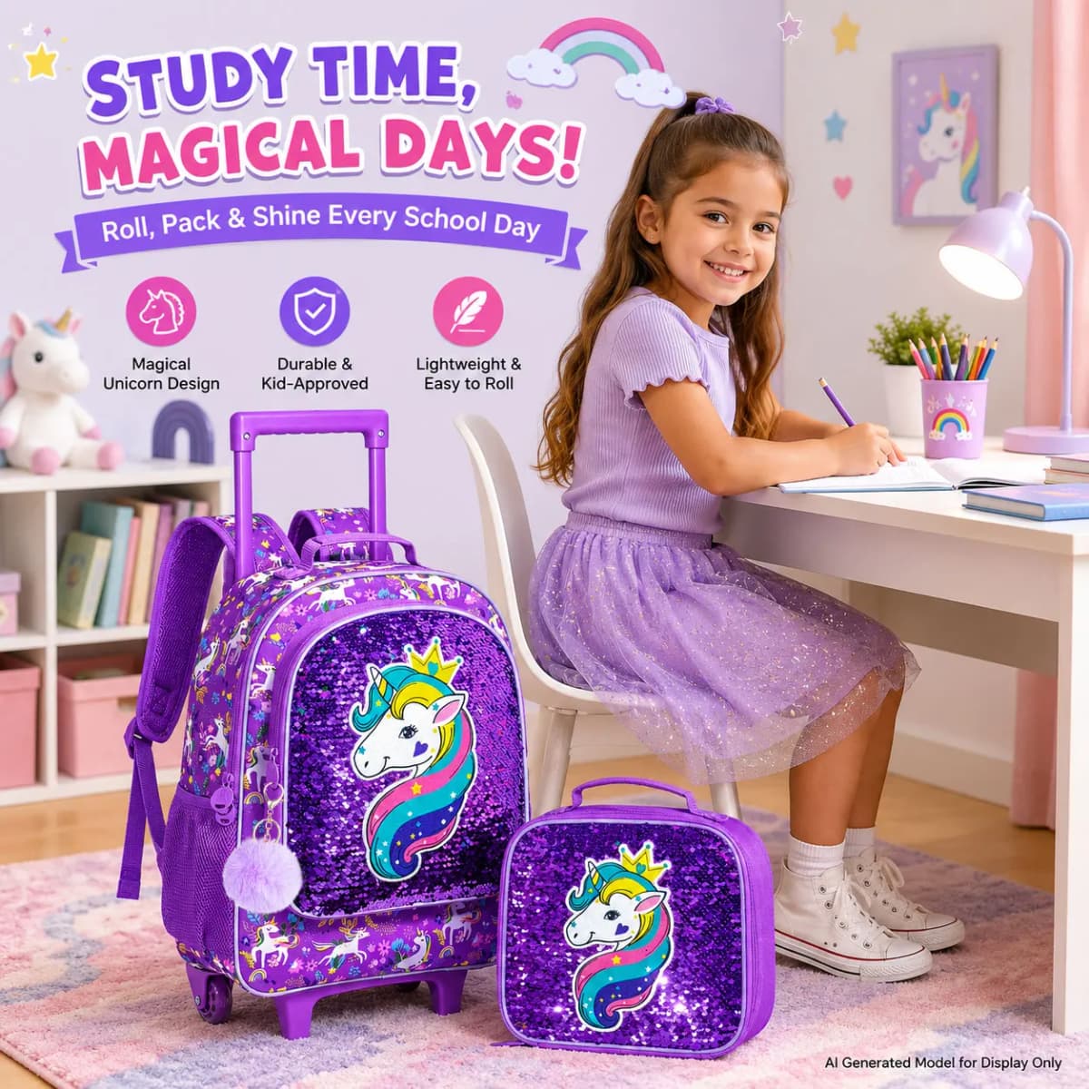 3-Piece Rolling Backpack for Girls and Children Roller Bag with Lunch Bag and Pen Bag Design of Unicorn Pattern Luminous Functio