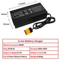60V Fast Charger 67.2V/5A for 16s 60V Lithium Battery Charger GX16/IEC Connector Strong Heat
