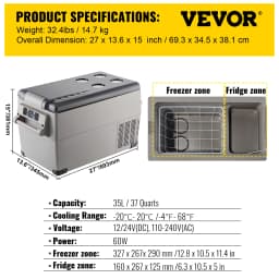 VEVOR 35L 45L Car Refrigerator Mini Fridge Freezer Portable Compressor Cooler 12/24V DC 110-240V Ice Box for Camping