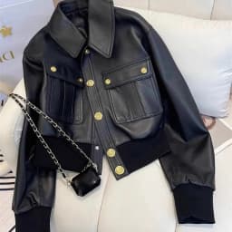 Chic Black Lapel Women Jacket Gold Buttons Flap Pockets Moto Short Coat Cropped Ribbed Trim Y2K Biker Streetwear Outerwear Top
