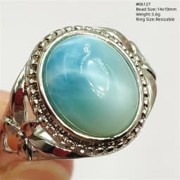 Natural Blue Larimar Oval Adjustable Ring Jewelry Water Pattern Real Larimar For Women Men Healing Fashion Stone AAAAAA