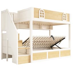 Children Bunk Bed with Staircase Storage 90x200cm Double Bed Safety Lattice No Mattress Included