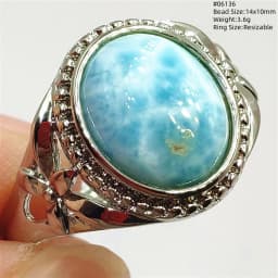 Natural Blue Larimar Oval Adjustable Ring Jewelry Water Pattern Real Larimar For Women Men Healing Fashion Stone AAAAAA