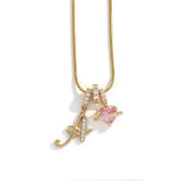 Women's A-Z Initial Letter Pendant Necklace Snake Chain Initial Alphabet CZ Pink Heart Necklace Adjustable Size Hypoallergenic
