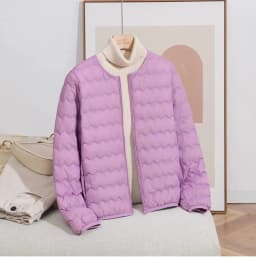 LANMREM Women Crew Neck Lightweight Short Down Jacket Wave Quilted Zipper Closure Portable Inner Wear Puffer Outerwear Coat
