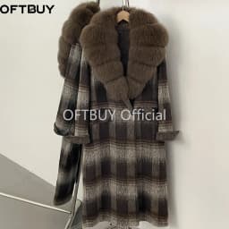 OFTBUY New Warm Winter Outerwear for Female Mid Long 100% Wool Coat Women Real Fox Fur Lapel Collar Vintage Plaid Woolen Jacket